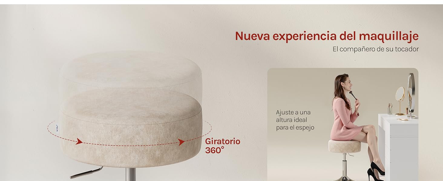 El texto dice «Nueva experiencia del maquillaje». Imagen de marketing relacionada con la belleza que muestra escenas de productos cosméticos y aplicaciones.