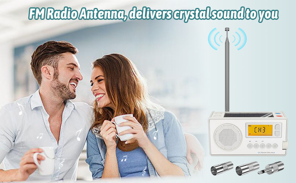 Portable FM radio with extendable antenna and digital display. White plastic body with speaker grille. Additional antennas shown separately. Text overlay mentions crystal sound quality.