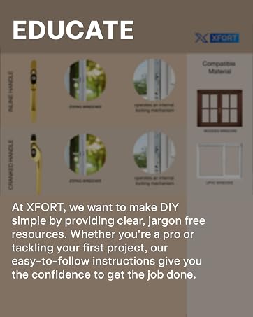 Educational interface showing XFORT DIY resources with multiple icon panels displaying window installations and product comparisons with easy-to-follow instructions.