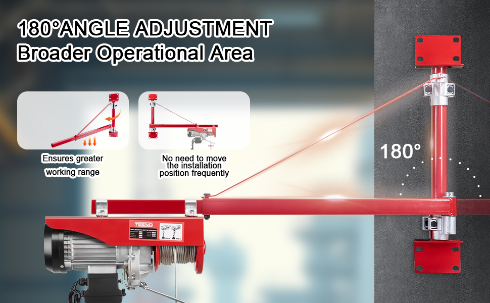 Paranco elettrico rosso con funzione di regolazione dell'angolo di 180°. Il diagramma mostra un'area operativa più ampia e una flessibilità di posizionamento. Dispositivo montato a parete con braccio estensibile per