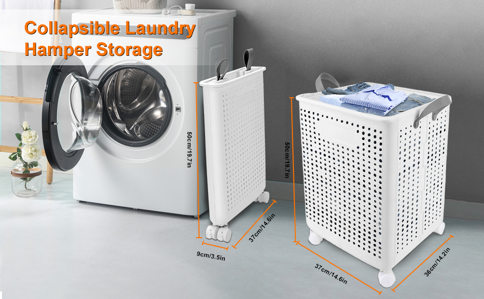 Collapsible laundry hamper with wheels next to washing machine. White perforated plastic design, foldable sides. Dimensions shown: 24x16x22 inches. Stores folded clothes on top.
