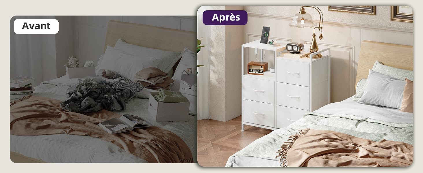 Le texte se lit comme suit : « Avant » et « Après ». Comparaison avant et après la chambre à coucher montrant un lit sombre non confectionné se transformant en une chambre organisée d'un blanc éclatant avec des meubles et une literie blancs et une esthétique épurée.
