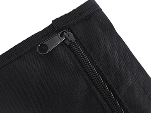Close-up images of black fabric material with zippered compartment detail, showing textile texture and construction details.