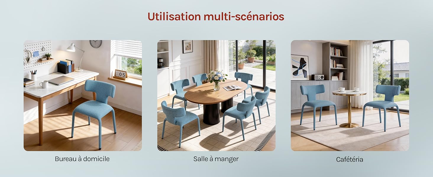 Le texte se lit comme suit : « Utilisation multi-scénarios ». Série d'images de style de vie de produits montrant des chaises de bureau dans divers environnements, notamment des bureaux et des salons.