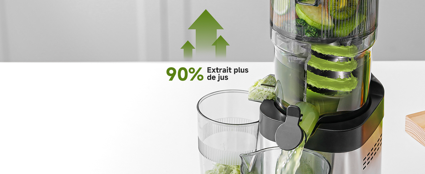 Presse-agrumes extrayant le jus vert des légumes à feuilles. La superposition de texte indique « 90 % d'extrait plus de jus » avec une flèche verte pointant vers