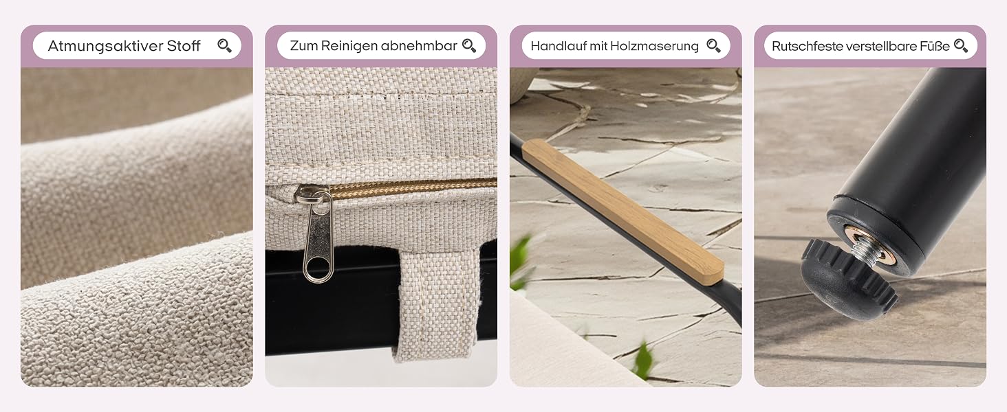 Vier Nahaufnahmen, die die Texturen und Details von Teppichen oder Teppichen zeigen: gewebte beigefarbene Stoffoberfläche, leicht strukturiertes Gewebe, Kantenbindung und schwarzes zylindrisches Werkzeug oder Aufsatz.