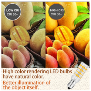 Text reads 'High water retaining LED bulbs have natural color'. Display of various colorful fruits and vegetables under lighting.