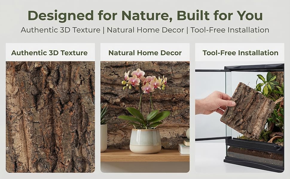 Text reads 'Designed for Nature, Built for You' and 'Authentic 3D Texture | Natural Home Decor | Tool-Free Installation'. Shows textured wall panels or decorative surfaces in natural patterns.