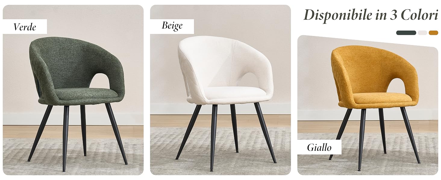 Il testo dice 'Disponibile in 3 Colori'. Serie di sedie moderne con rivestimento in velluto verde (verde), beige (beige) e oro, con schienali curvi e gambe affusolate in legno.