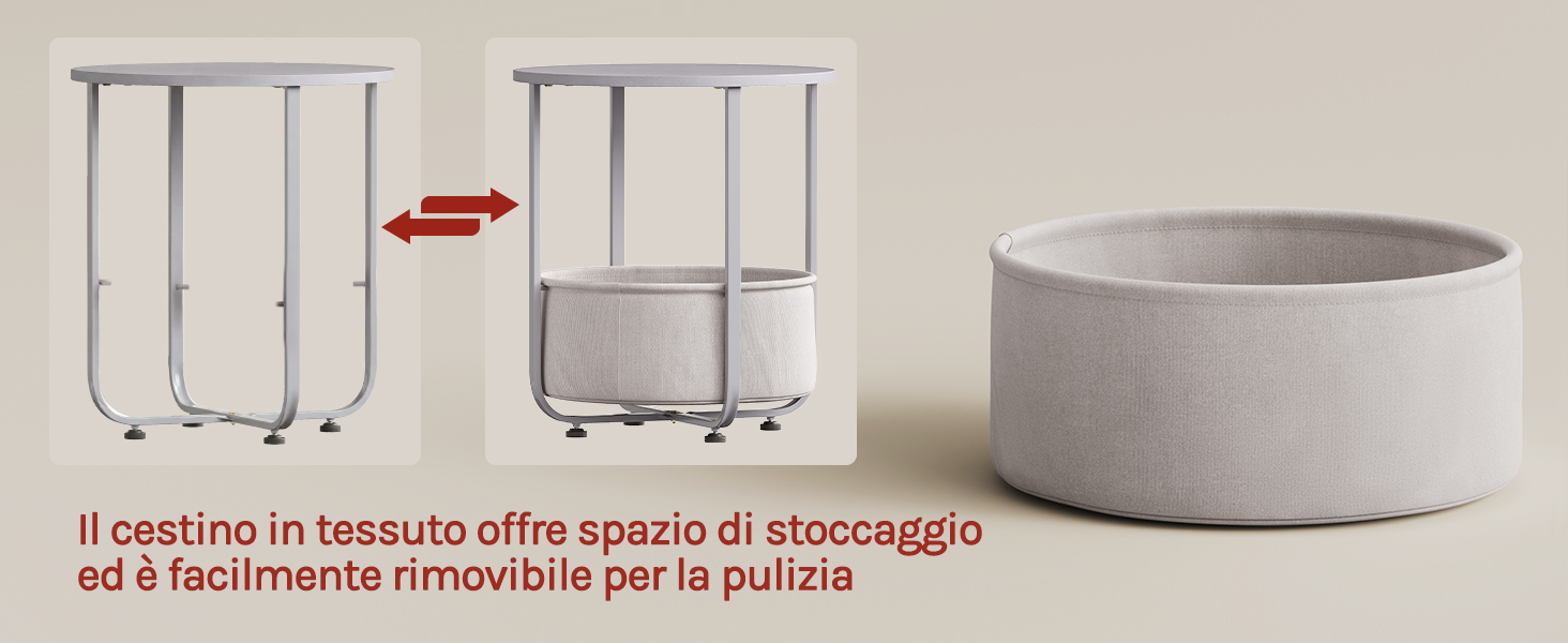 Il testo recita «Il cestino in tessuto offre spazio di stoccaggio ed è facilmente rimovibile per la pulizia». Presenta un cesto portaoggetti pieghevole in tessuto grigio con struttura in metallo.