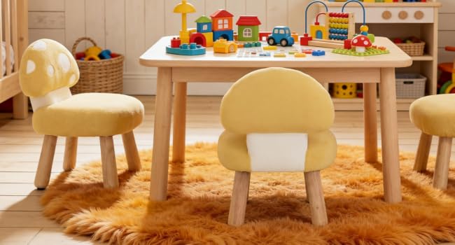 Salle de jeux pour enfants avec table en bois et chaises en forme de champignon, avec des blocs de construction colorés et des jouets sur la table. Tapis en fourrure marron en dessous.