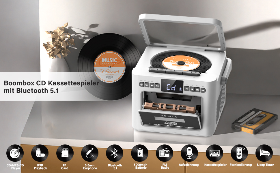 Weiße Boombox im Retro-Stil mit CD-Player, Kassettenlaufwerk und Bluetooth 5.1. Verfügt über mehrere Bedienknöpfe und klassische Designelemente.