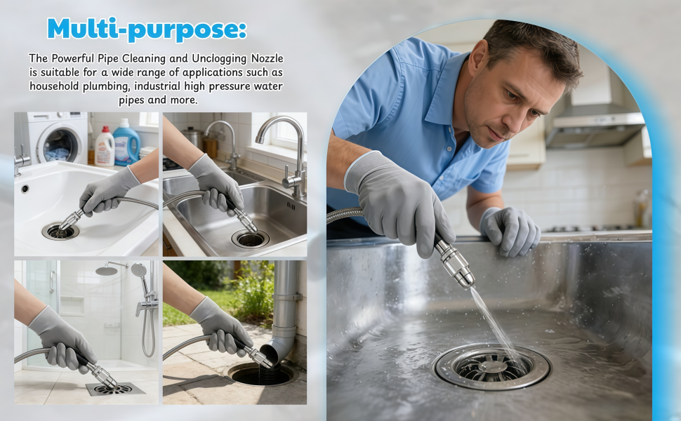 Text reads 'Multi-purpose:'. Split image showing drain cleaning tool being used in different sink scenarios, demonstrating various applications.