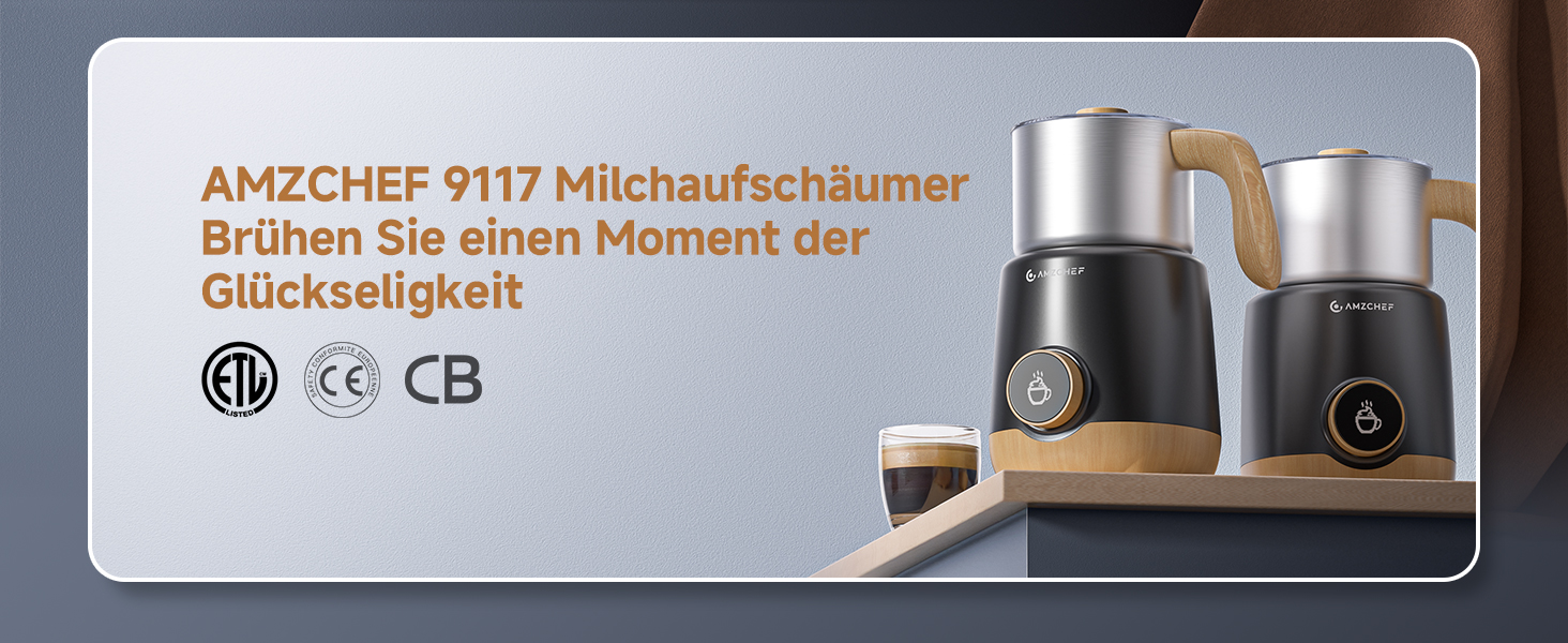 Der Text lautet: 'AM2CHEF 9117 Milchaufschäumer'. Abgebildete Symbole für die Produktzertifizierung, einschließlich CE- und CB-Zeichen.