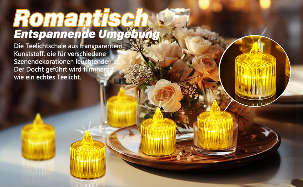 Der Text lautet „Romantisch“. Mehrere stimmungsvolle Fotos zeigen bernsteinfarbene Teelichthalter aus Glas, die auf Holzoberflächen mit dekorativen Elementen warm leuchten.
