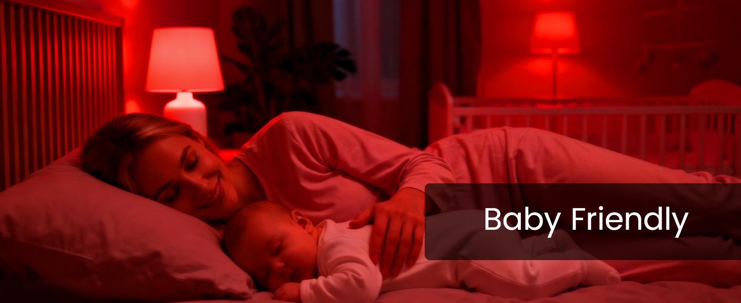 Text reads 'Baby Friendly'. Red-tinted photograph showing an infant in bedding in warm lighting.