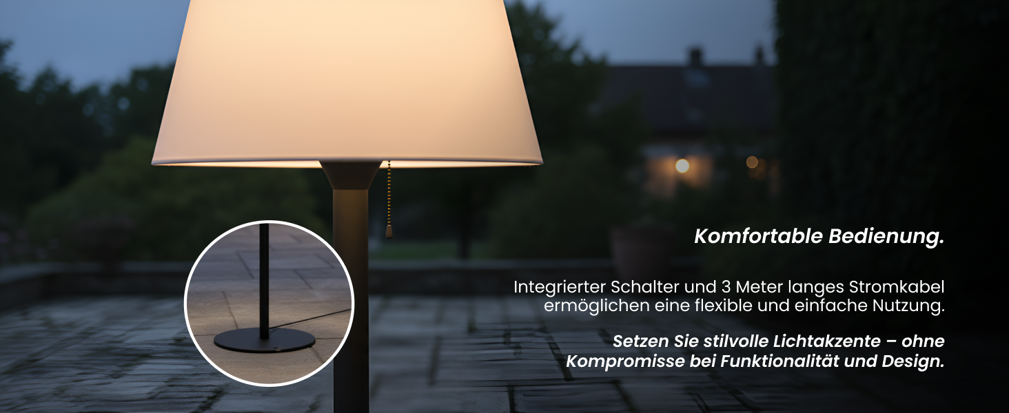Der Text lautet „Komfortable Bedienung“.
[SENTENCE 15] Sonnenuntergangsszenen im Freien, die die Produktoberfläche oder Steuerfunktionen zeigen.