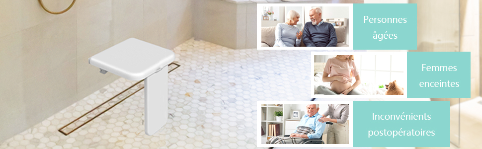 Siège de toilette surélevé blanc avec poignées de support, installé sur un sol carrelé. L'infographie ci-contre montre du texte en français sur les utilisatrices âgées et enceintes