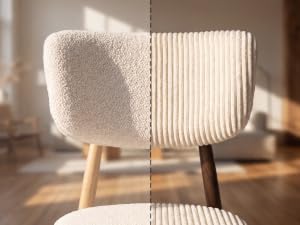 Comparaison de chaises à vue divisée montrant le dossier rembourré à l'avant en texture crème à gauche, le dossier en tissu côtelé à rayures à droite. Des sièges modernes à pieds en bois présentant deux styles de rembourrage différents.