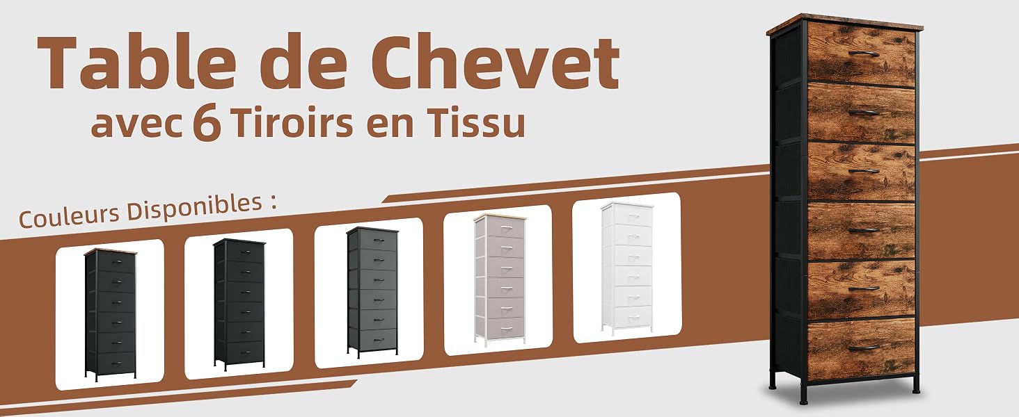Le texte se lit comme suit : « Table de chevet avec 6 tiroirs en tissu ». Affichage horizontal des produits présentant différentes options de couleurs pour les meubles de chambre à coucher.