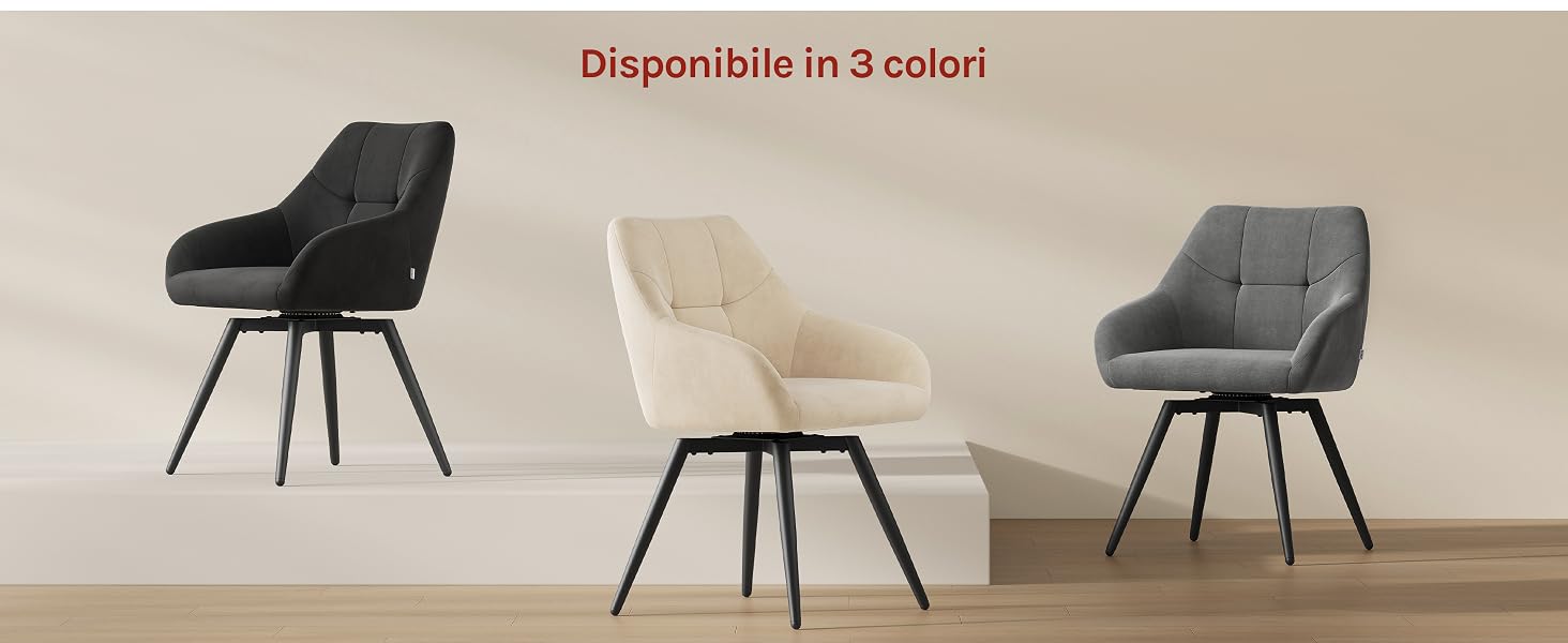 Il testo dice «Dispensable in 2 look». Sono mostrate tre sedie moderne: nere in stile Mid-Century, imbottite color crema/beige e versioni imbottite grigie.