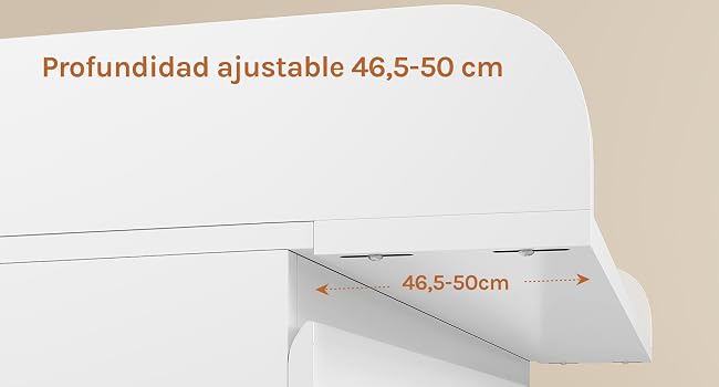 Diagrama técnico que muestra una medida de profundidad ajustable de 46,5 a 50 cm, indicada con texto y líneas de medición en naranja