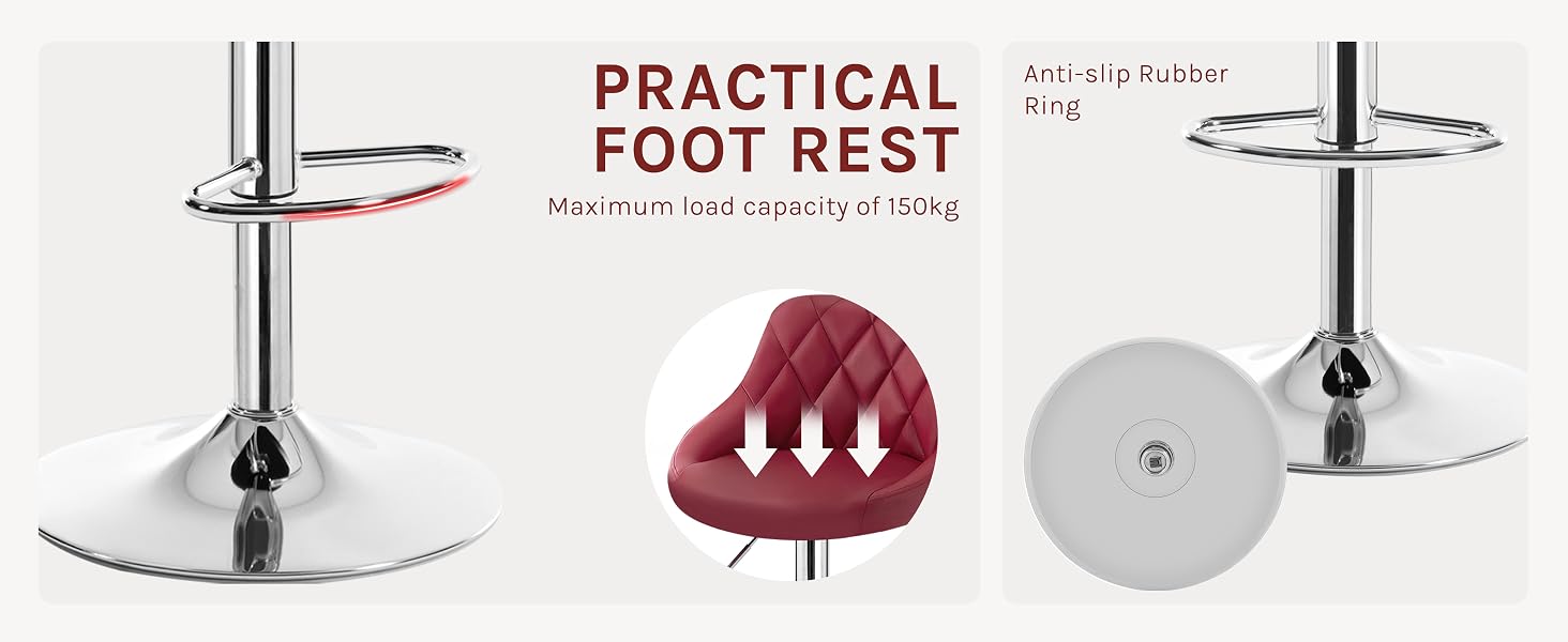 Bar stool features with practical foot rest. Chrome base and circular footrest shown. Red cushioned seat with quilted pattern demonstrates downward pressure for comfort.