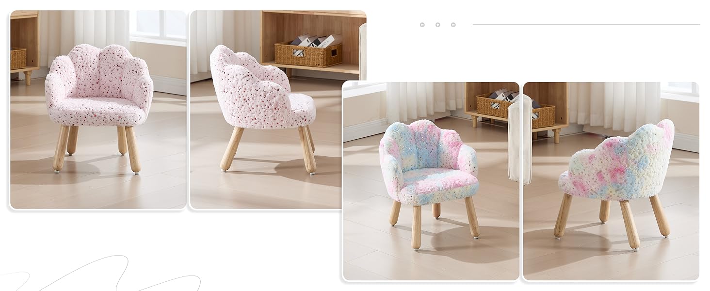 Bilderserie, die einen rosafarbenen Stuhl mit floralem Muster und Holzbeinen aus mehreren Winkeln zeigt und ein modernes Design im skandinavischen Stil zeigt.