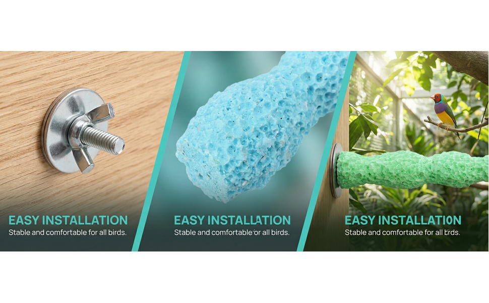 Text reads 'EASY INSTALLATION'. Three instructional panels showing installation process for wall-mounted fixture or hardware on different surface types.