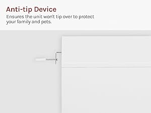 Text reads 'Anti-tip Device' and 'Ensures the unit won't tip over to protect your family and pets.' Image shows a white bracket or mounting device with metal attachment hardware against neutral background.