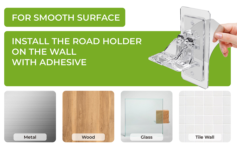 Guide d'installation pour un support mural. Montre une application adhésive sur des surfaces lisses comme le métal, le bois, le verre et les carreaux.