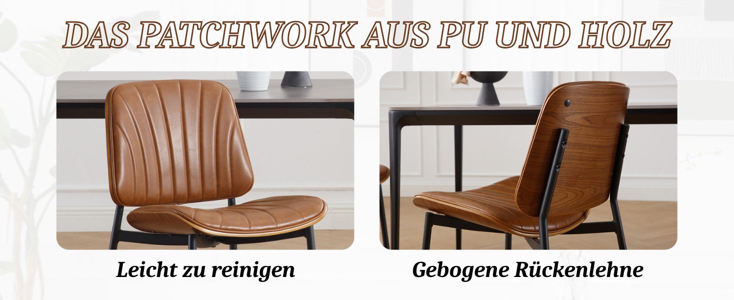 Zwei Tafeln mit braunen Esszimmerstühlen. Links: Nahaufnahme des Sitzes mit senkrechten Nähten. Rechts: Seitenansicht, in der die geschwungene Rückenlehne hervorgehoben wird.