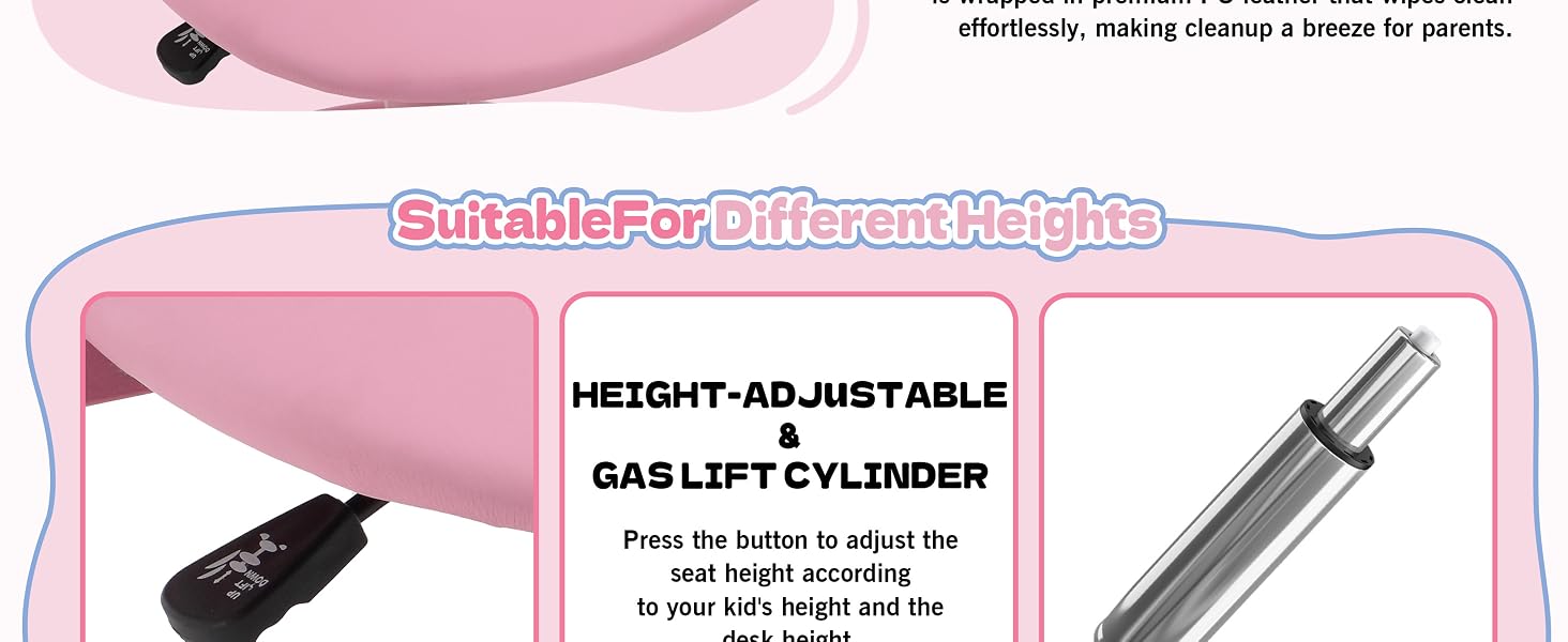 Text reads 'HEIGHT ADJUSTABLE' and 'GAS LIFT CYLINDER'. Technical diagram showing adjustable mechanism with measurements and specifications in pink background.