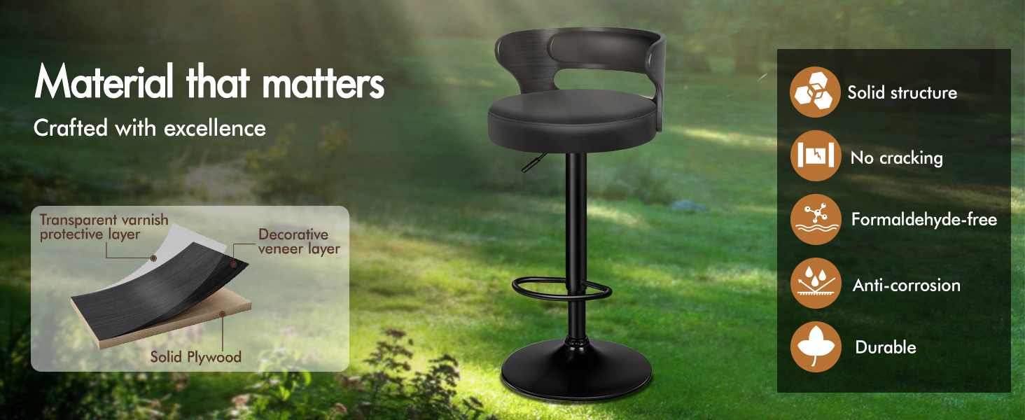 Text reads: 'Material that matters' with icons showing 'Solid structure', 'No cracking', 'Formaldehyde-free', 'Anti-corrosion', 'Durable'. Shows black bar stool against outdoor background.