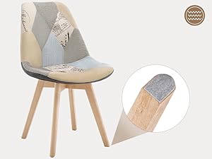 Sedia da pranzo moderna patchwork con rivestimento in tessuto grigio e beige, gambe in legno e seduta imbottita. Include una vista dettagliata