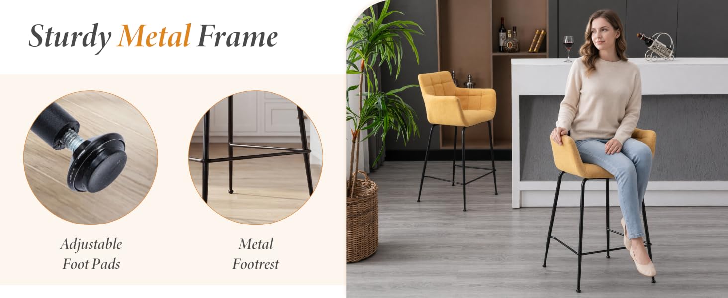 Text reads 'Sturdy Metal Frame'. Image shows product details highlighting 'Armrest Function' and 'Metal Frame', with styled furniture and woman sitting on modern chair.