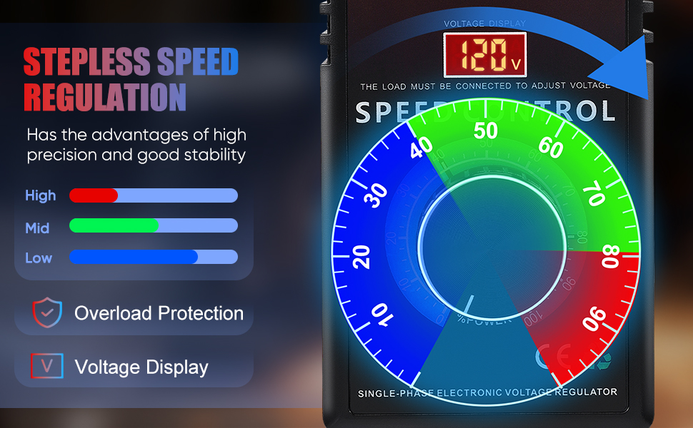 Text reads 'STEPLESS SPEED REGULATION'. Dashboard display showing digital speed control interface with colored gauges and indicator lights.