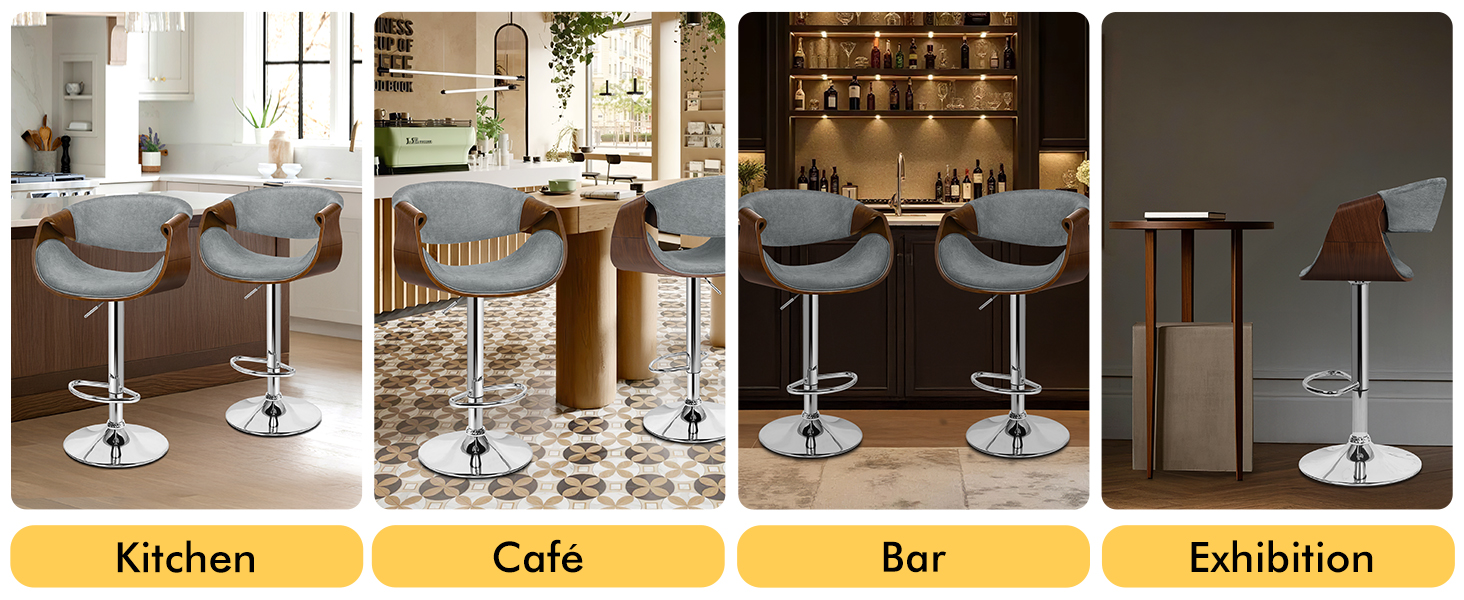 Text reads: 'Kitchen Cafe Bar Exhibition'. Multiple images showing bar-height seating arrangements in different commercial settings.