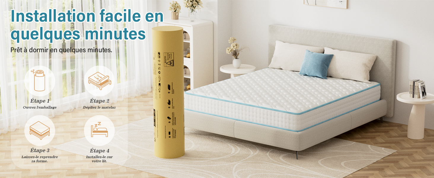 Le texte indique « Installation facile en quelques minutes ». Matelas affiché sur le cadre du lit avec des icônes d'installation indiquant le processus d'installation rapide.