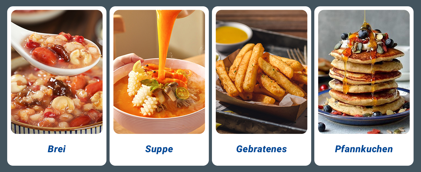 Vier Bilder von Speisen, die traditionelle Gerichte zeigen: ein Fleischeintopf, eine orangefarbene Suppe, knusprige Pommes frites und ein Stapel Pfannkuchen mit Beeren und Sirup