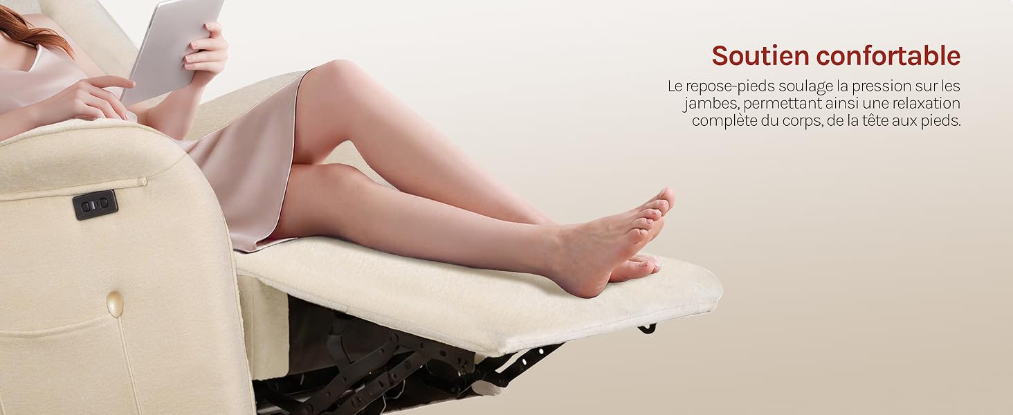 Le texte se lit comme suit : « Soutien confortable », avec une partie du texte en français ci-dessous. Les jambes de la personne sont visibles avec un coussin chauffant appliqué sur la partie inférieure des jambes sur les meubles blancs.