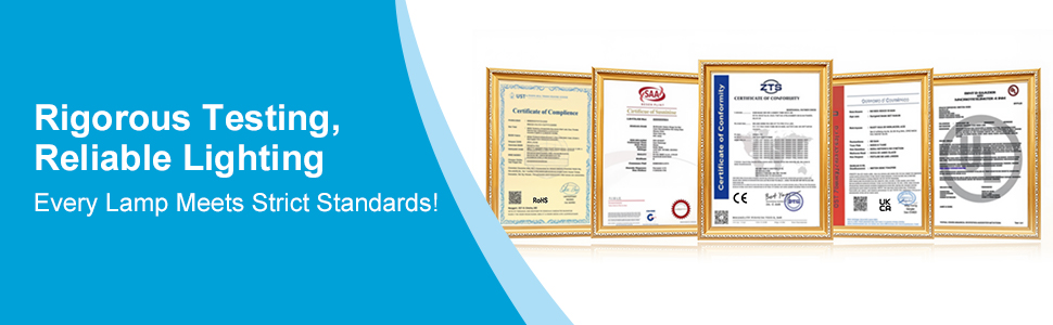 Text reads 'Rigorous Testing, Reliable Lighting' with 'Every Lamp Meets Strict Standards'. Background shows multiple certification documents displayed in a row.