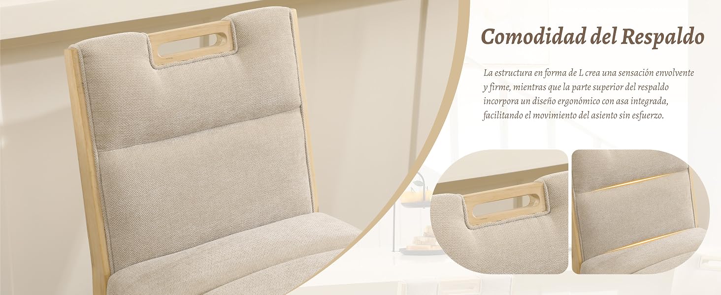 El texto dice «Comodidad del Respaldo». Tarjetero o cartera de color beige con compartimentos interiores y detalles de material texturizado.