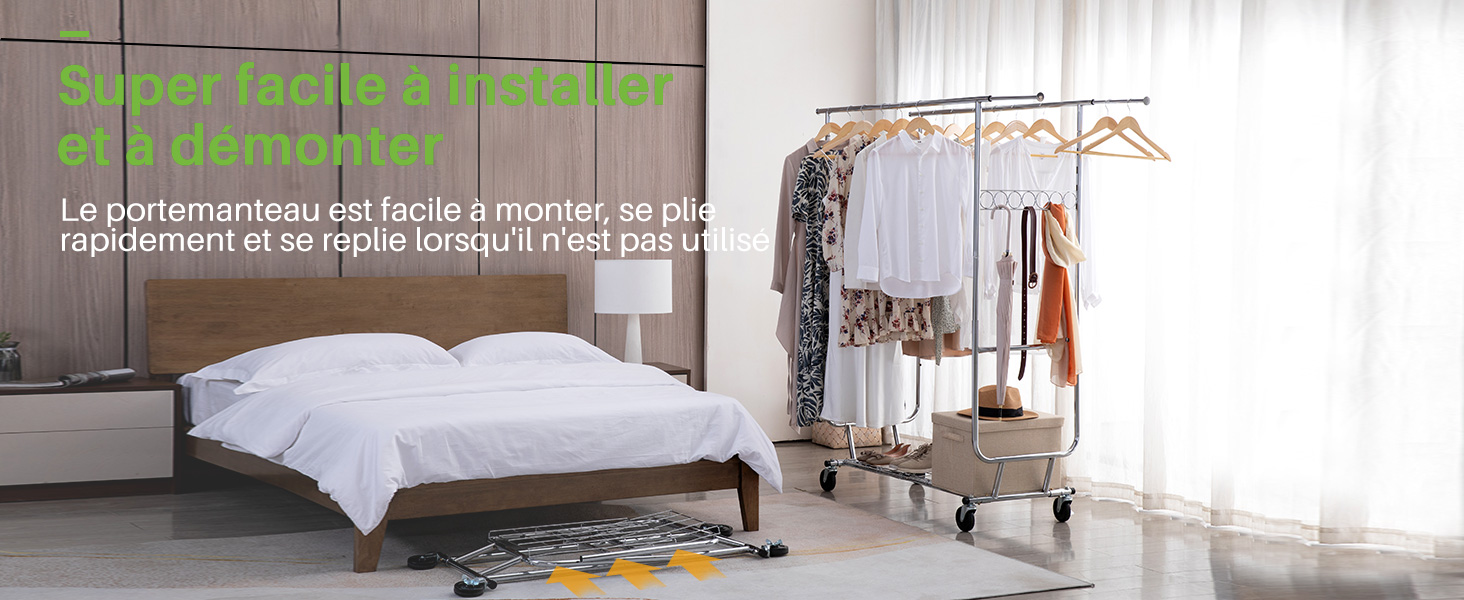 Aménagement de chambre minimaliste avec literie blanche et porte-vêtements en métal de style industriel contre un mur en béton nu.