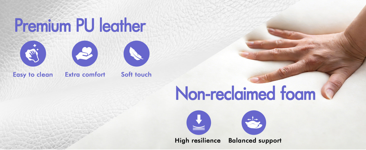 Text reads 'Premium PU leather', 'Easy to clean', 'More comfort', 'Soft touch', 'Non-reclaimed foam', 'High resilience', 'Balanced support'. Hand resting on foam pillow demonstrating features and benefits.