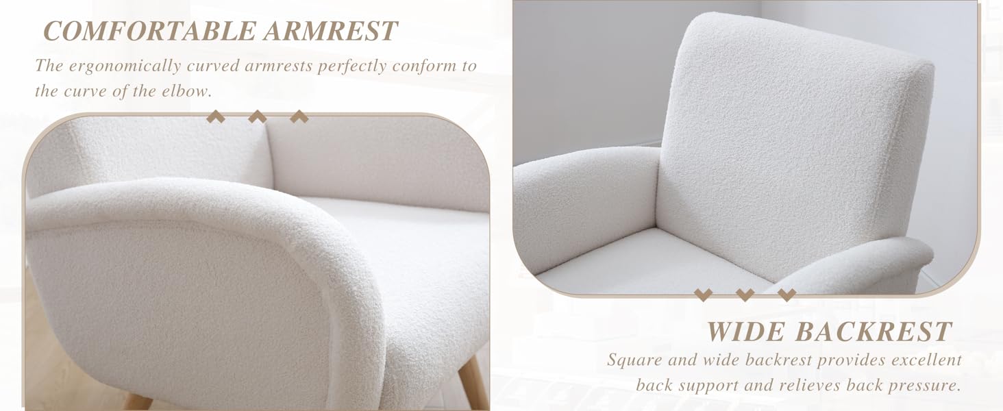 Close-up views of a light-colored armchair, highlighting the wide, curved armrest and square backrest.