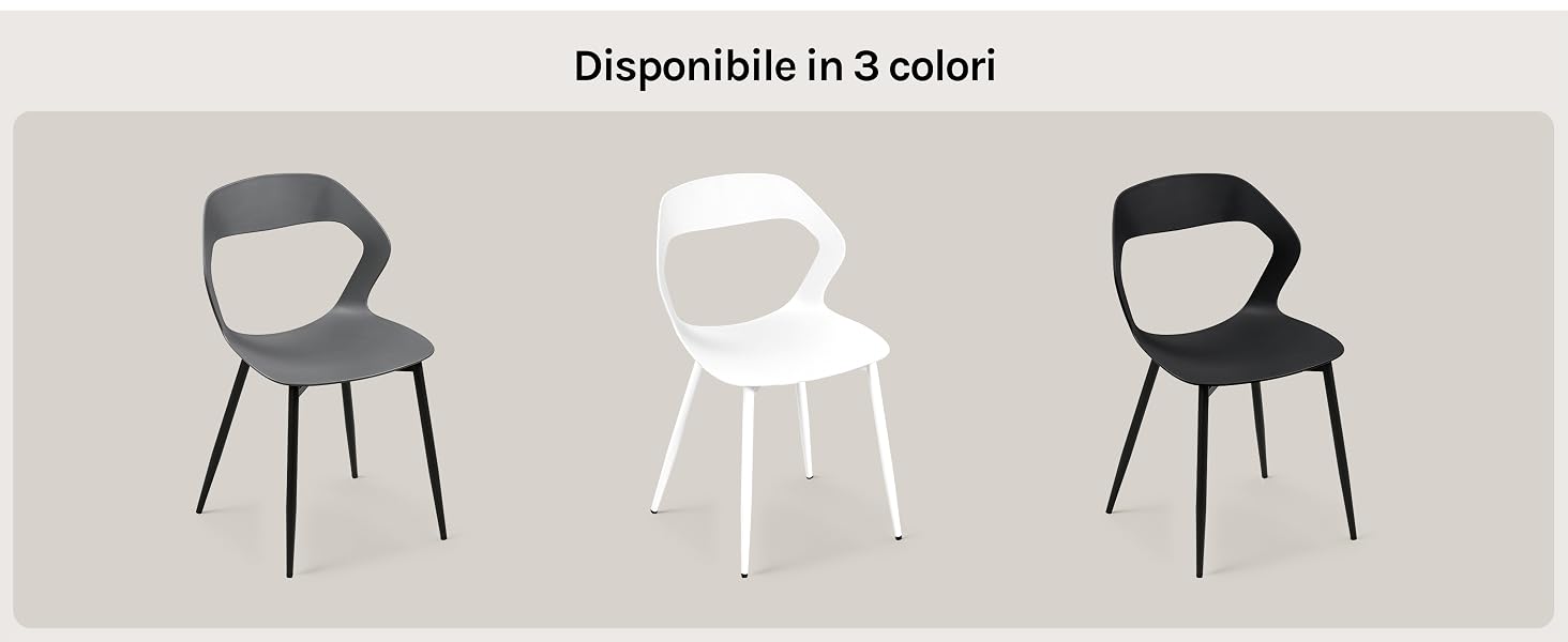 Il testo dice 'Disponibile in 3 colori'. Tre sedie da pranzo moderne disponibili nelle opzioni di colore grigio, bianco e nero con schienale curvo.