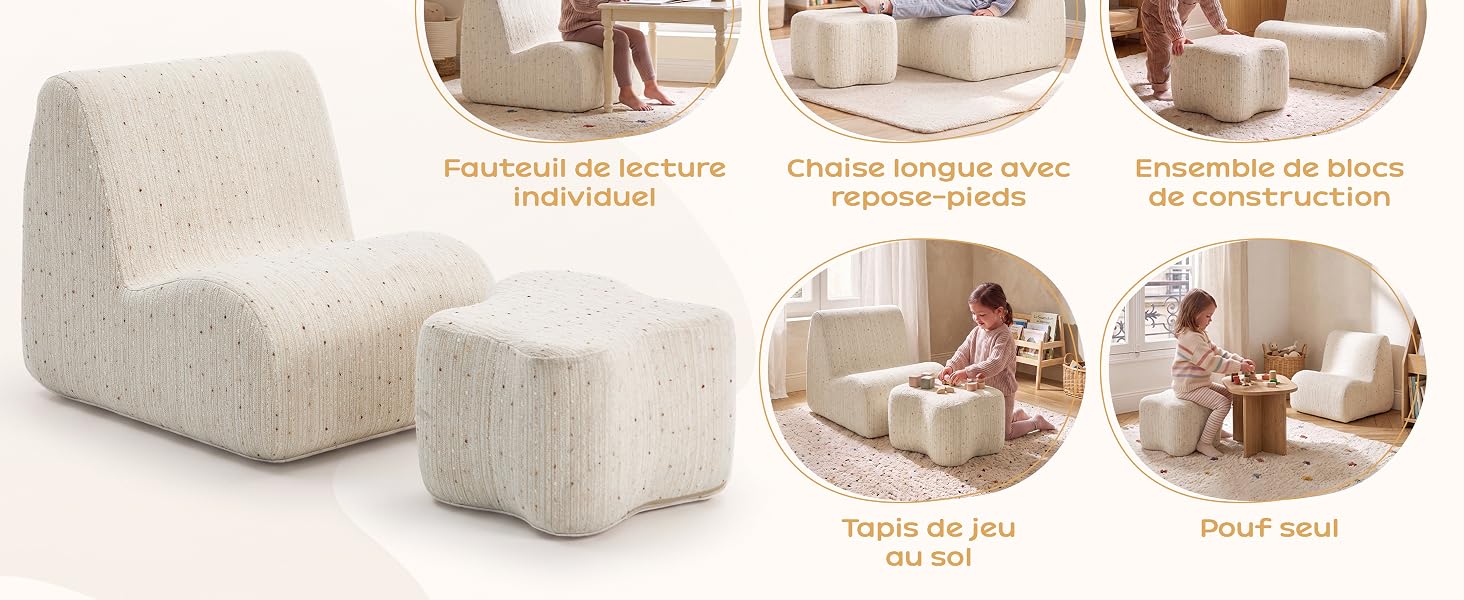 Ensemble de meubles rembourrés modulaires de couleur crème comprenant une grande chaise incurvée avec pouf assorti, sur fond beige avec quatre photos circulaires de décoration de la pièce disposées autour de l'image principale du produit.