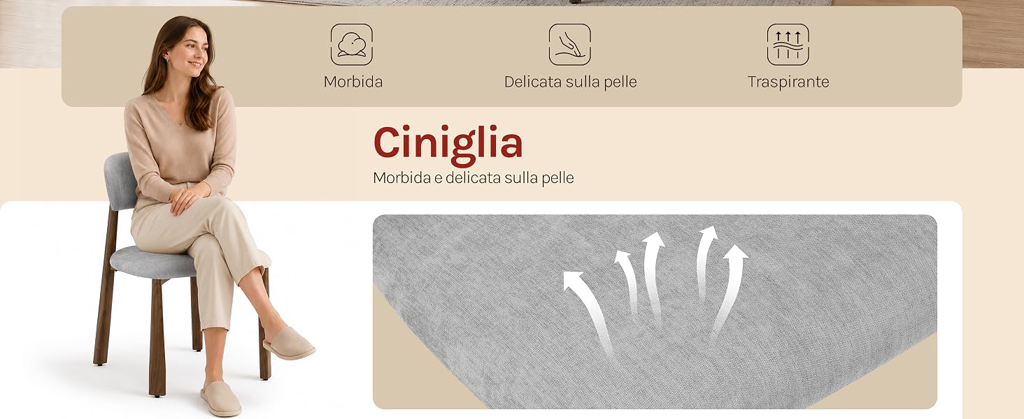 Il testo recita «Ciniglia» con i vantaggi del prodotto elencati. Mostra una donna seduta sulla sedia accanto a un capo in maglia grigia con motivo a testo bianco. Nella parte superiore sono visualizzate tre icone relative ai vantaggi che indicano le caratteristiche principali del prodotto Ciniglia.