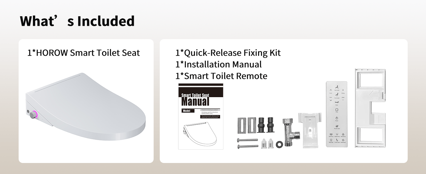 Text reads 'What's included: Installation Manual, Plastic Toilet Remote, MOHOM Smart Toilet Seat, Quick-Release Fixing Kit'. Product images show smart toilet seat components and installation materials.
